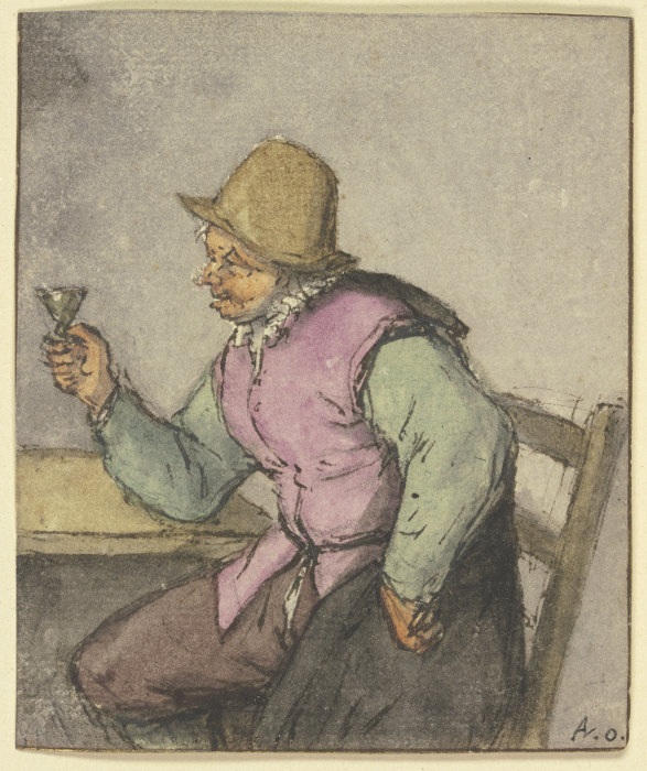 An einem Tisch sitzender Bauer mit Glas, nach links von Adriaen van Ostade