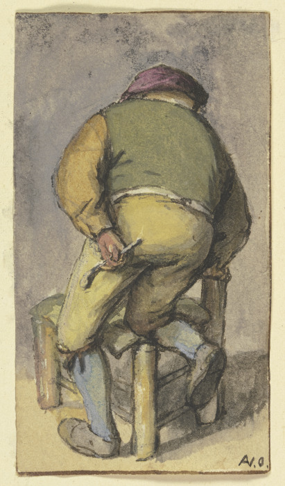 Bauer von hinten, mit dem rechten Bein auf einem Stuhl kniend von Adriaen van Ostade