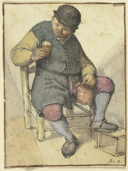 Sitzender Bauer von vorn, mit Krug und Glas von Adriaen van Ostade