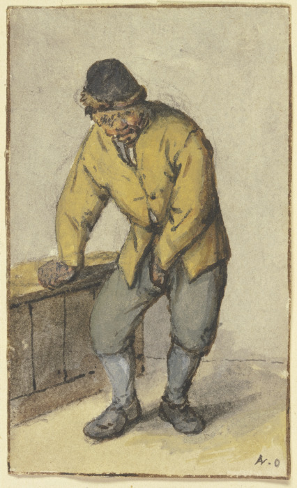 Stehender Bauer von vorn, seine Hose aufknöpfend von Adriaen van Ostade