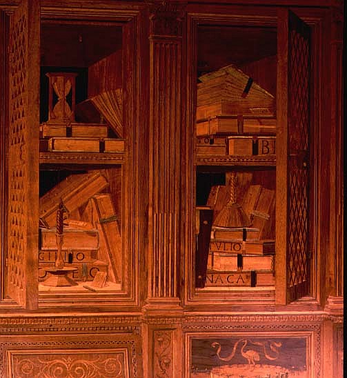 The Study of Federigo da Montefeltro, Duke of Urbino: intarsia panelling depicting a cupboard with l von Baccio Pontelli