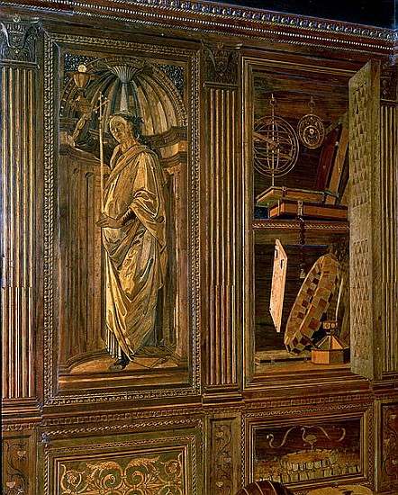 The Study of Federigo da Montefeltro, Duke of Urbino: intarsia panelling depicting (L) a cupboard co von Baccio Pontelli