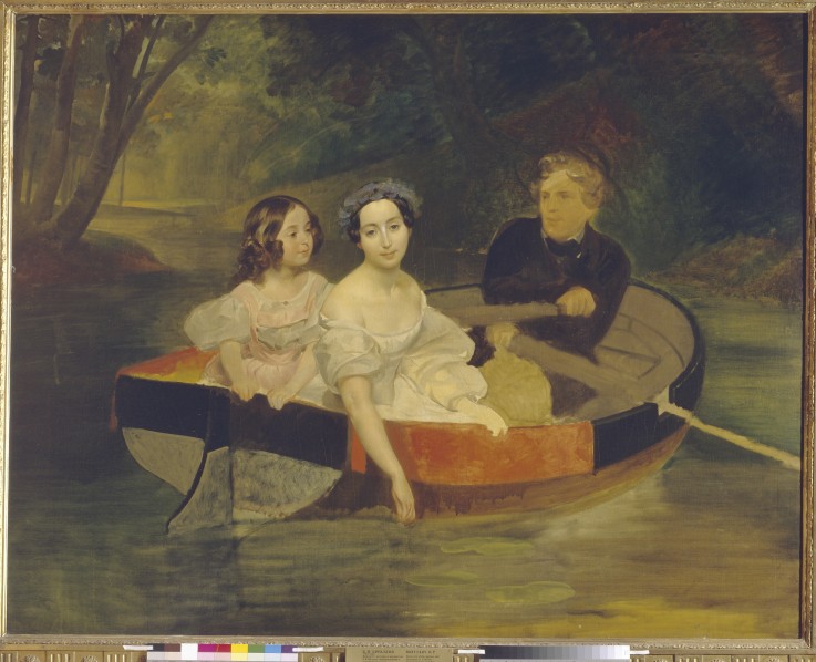 Selbstbildnis mit Baronin Jekaterina Meller-Sakomelskaja und ihrer Tochter in einem Boot von Brüllow