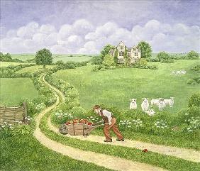 The Apple-barrow: Joseph Poorgrass wheeling a barrow of apples to Bathsheba''s residence, from ''Far