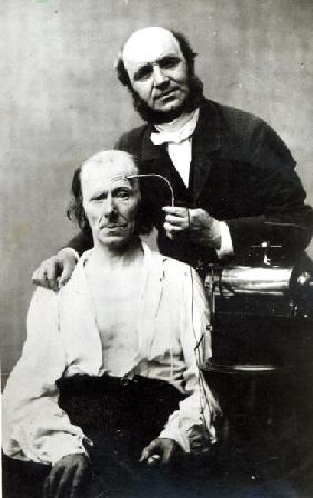 Duchenne de Boulogne with a ''victim patient'', 1862 (b/w photo) 