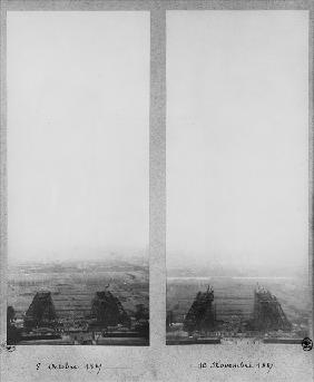 Two views of the construction of the Eiffel Tower, Paris, 8th October and 10th November 1887 (b/w ph
