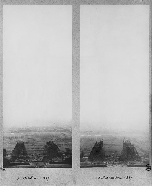 Two views of the construction of the Eiffel Tower, Paris, 8th October and 10th November 1887 (b/w ph von French Photographer