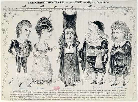 Five caricatures of the cast of a French production of ''The Barber of Seville'', von Gioachino Rossini