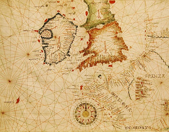 The French Coast, England, Scotland and Ireland, from a nautical atlas, 1520(detail from 330910) von Giovanni Xenodocus da Corfu