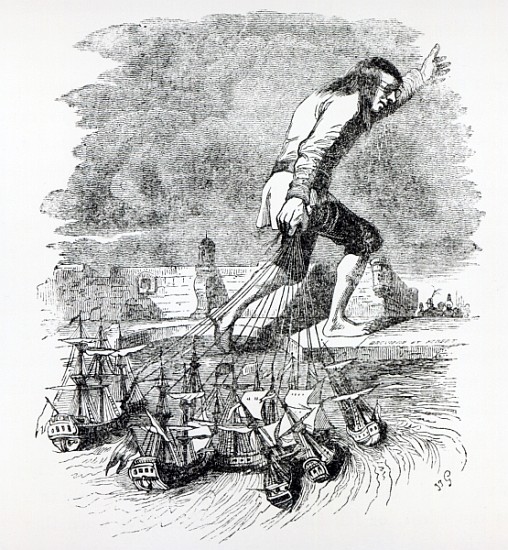 Gulliver stealing the Blefuscudian fleet, illustration from ''Gullivers Travels'' Jonathan Swift von Grandville (Jean Ignace Isidore Gerard)