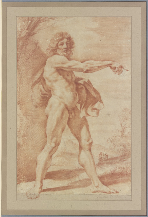Nackter Mann, ein Gewand unter dem Arm tragend, nach rechts zeigend von Guercino (Giovanni Francesco Barbieri)