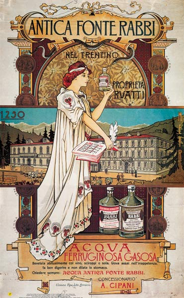 Poster advertising medicinal water from the 'Antica Fonte di Rabbi nel Trentino' von Italian School