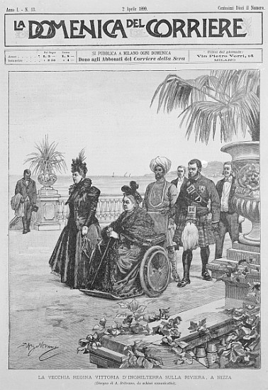 Queen Victoria on the Italian Riviera, frontcover of ''La Domenica del Corriere'', 2nd April 1899 von Italian School