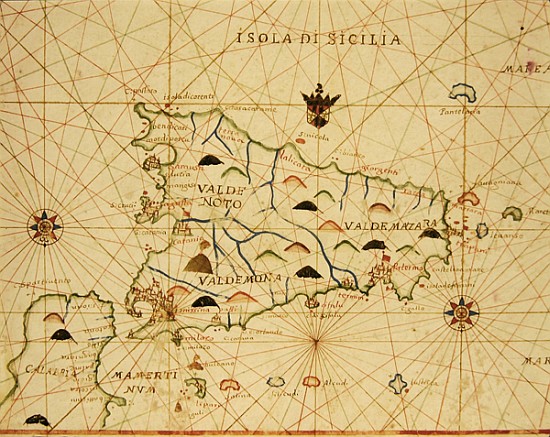 Sicily and the Straits of Messina, from a nautical atlas, 1646 (ink on vellum) von Italian School