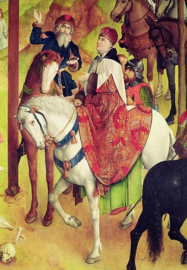 Triptych of the Crucifixion, detail of an equestrian group with Longinus, c.1465-68 von Joos van Gent (Joos van Wassenhove)