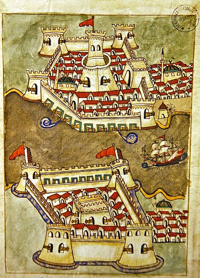 Ms. cicogna 1971, miniature from the ''Memorie Turchesche'' depicting fortresses on the Bosphorus von Venetian School