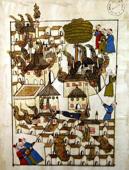 Ms. cicogna 1971, miniature from the ''Memorie Turchesche'' depicting the great fire at Constantinop von Venetian School