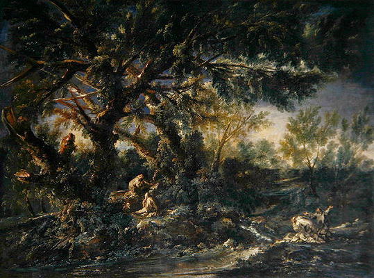 Landscape with Monks praying, or The Great Wood (oil on canvas) von A. Magnasco