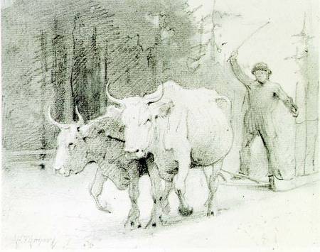 A French Peasant Driving Oxen (charcoal) von Abbott Handerson Thayer