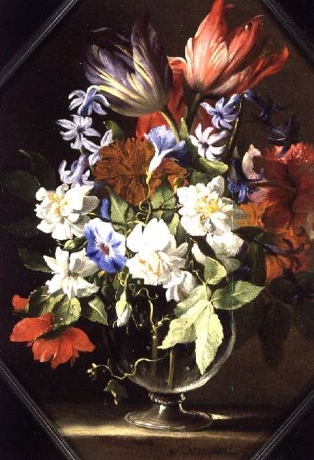 A Vase of Flowers on a Stone Ledge Containing Tulips, Chrysanthemums, Dahlias and Narcissi von Abraham Brueghel