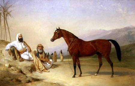 Two Bedouin with a Bay Arab Stallion in the Desert von Abraham Cooper