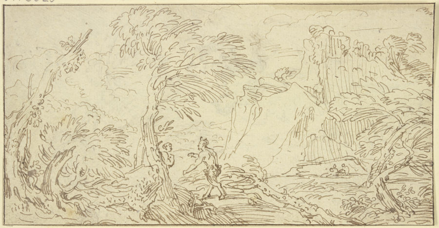 Ein Satyr geht auf ein Weib los, das hinter einem Baum steht von Abraham Genoels d. J.