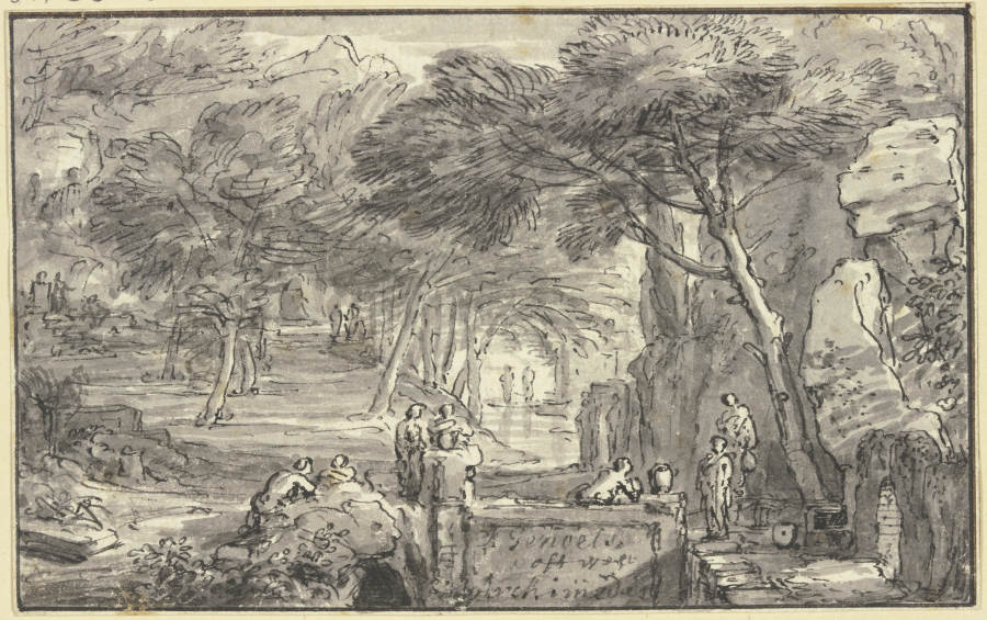 In einem Hain bei einem Brunnen viele Figuren von Abraham Genoels d. J.