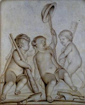 The Three Cherubs (grisaille), Putti with the attributes to Hercules and Mercury 1767