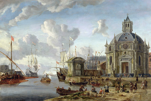 A capriccio of a Mediterranean Harbour with merchants and shipping at anchor von Abraham J. Storck