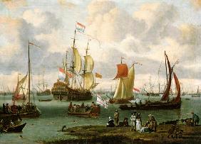 Spaziergänger am Ufer des Flusses Ij mit Schiffen 1693