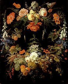 Ein Blumen- und Früchtekranz. von Abraham Mignon