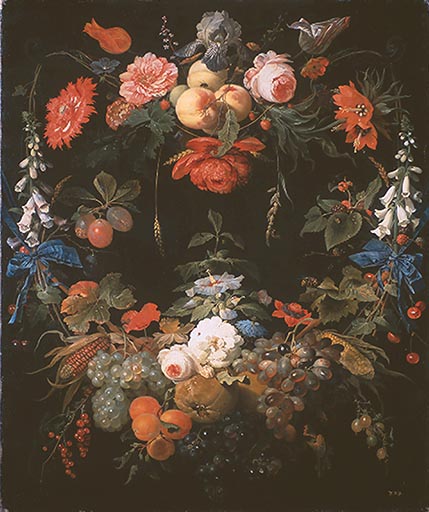 Ein Blumenund Fruechtekranz von Abraham Mignon