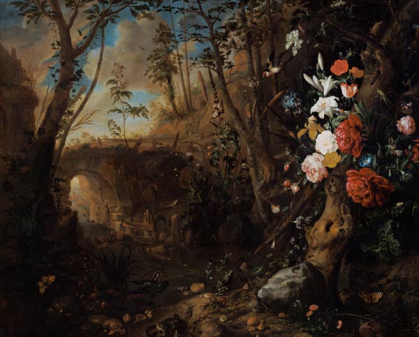 Uferlandschaft mit Blumen von Abraham Mignon