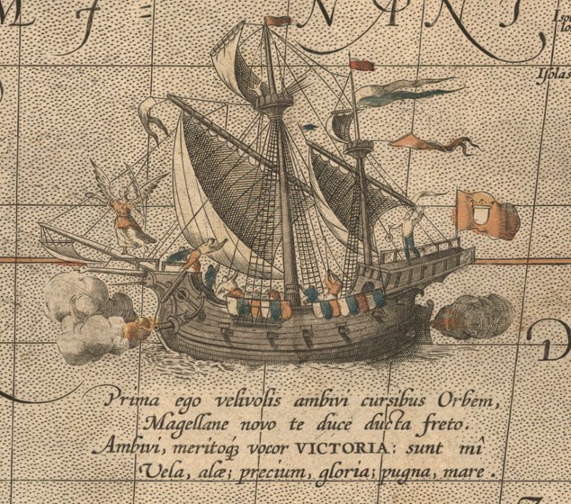 Victoria, die spanische Karacke aus der Armada de Molucca von Ferdinand Magellan. (Aus "Maris Pacifi von Abraham Ortelius