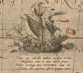 Victoria, die spanische Karacke aus der Armada de Molucca von Ferdinand Magellan. (Aus "Maris Pacifi 1595