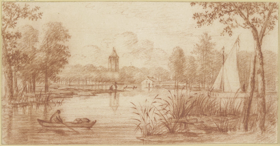 Flussgegend zwischen Bäumen, rechts ein Segelschiff, links ein Boot, im Hintergrund ein Turm von Abraham Rutgers