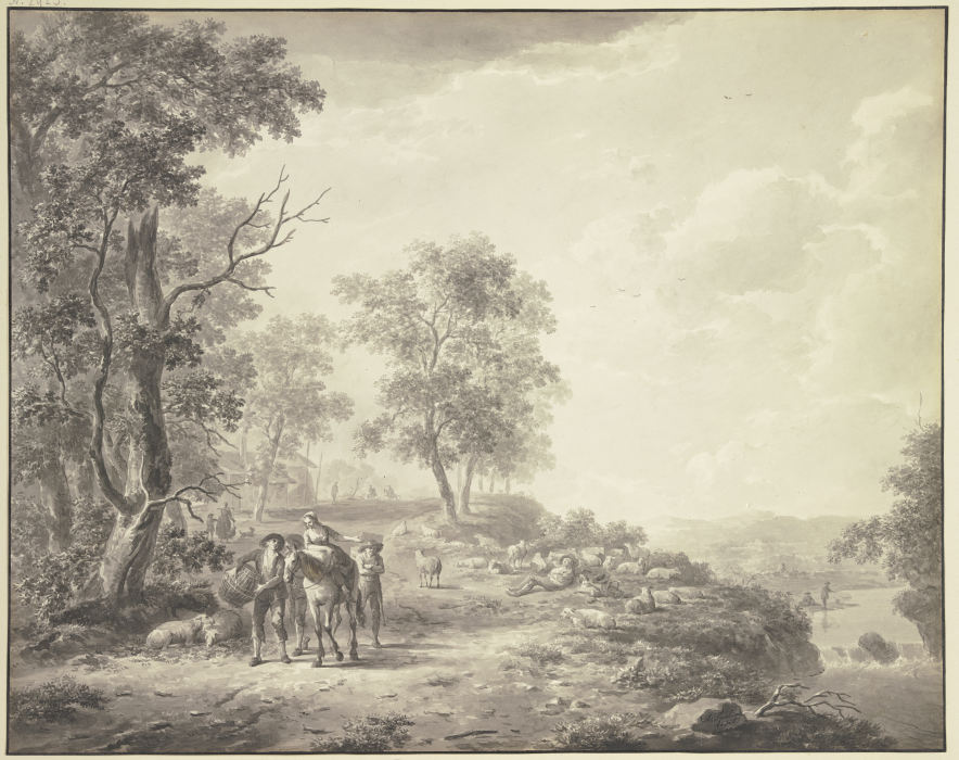 An einem Abhang ein schlafender Schäfer mit seiner Herde, weiter links eine Bäuerin zu Pferde umgebe von Abraham Teerlink