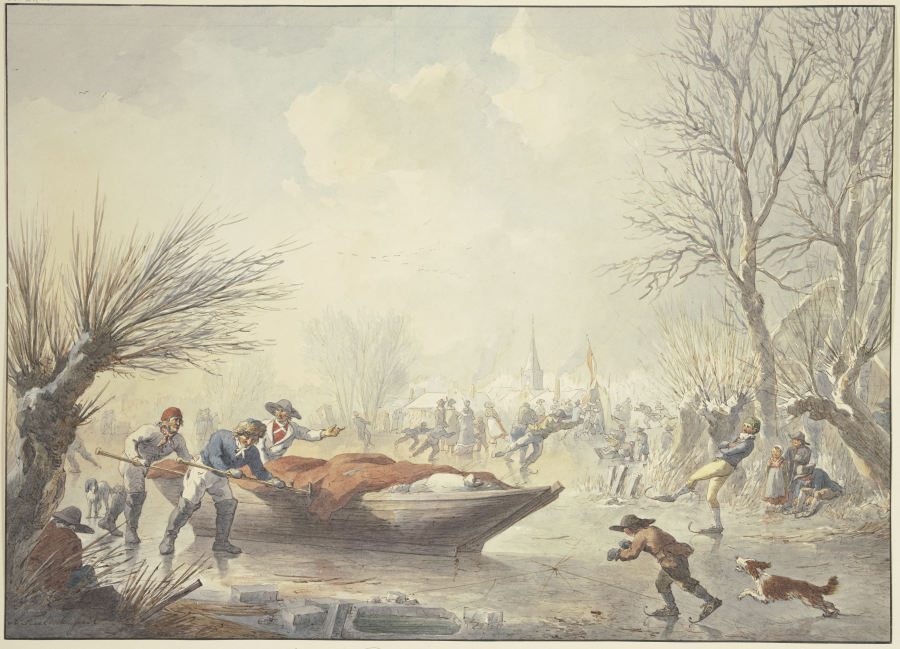 Winterlandschaft, auf dem Eis schieben drei Männer ein Boot dem Land zu, rechts ein Schlittschuhläuf von Abraham Teerlink