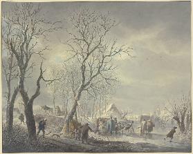 Winterlandschaft, Schlittschuhläufer bei Zelten auf dem Kanal, ein Husar umarmt ein Getränke haltend