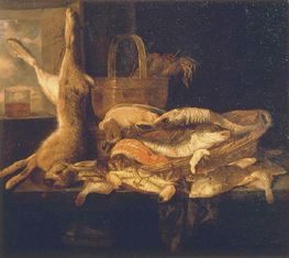 Stillleben mit Fischen und totem Hasen von Abraham van Beyeren