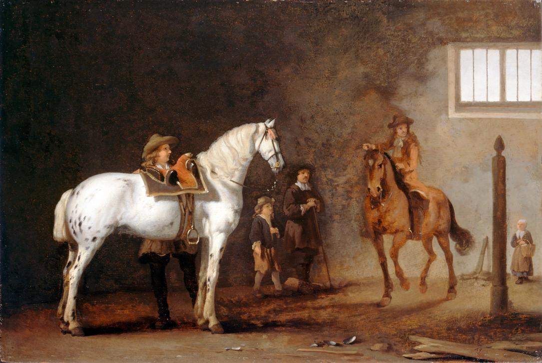 Weißes Pferd in einer Reitschule von Abraham van Calraet