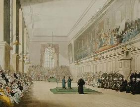 The Hall, Blue Coat School, from 'Ackermann's Microcosm of London', engraved by J. Hill 1808