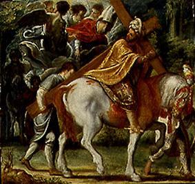 Hausaltar der Kreuzlegende: Heraklius mit dem Kreuz wird der Einzug zu Pferd verwehrt. von Adam Elsheimer