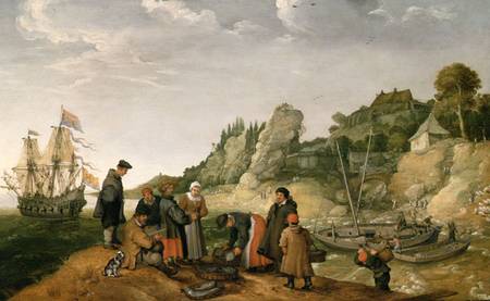 Fisherman unloading and selling their catch on a rocky shoreline von Adam Willaerts