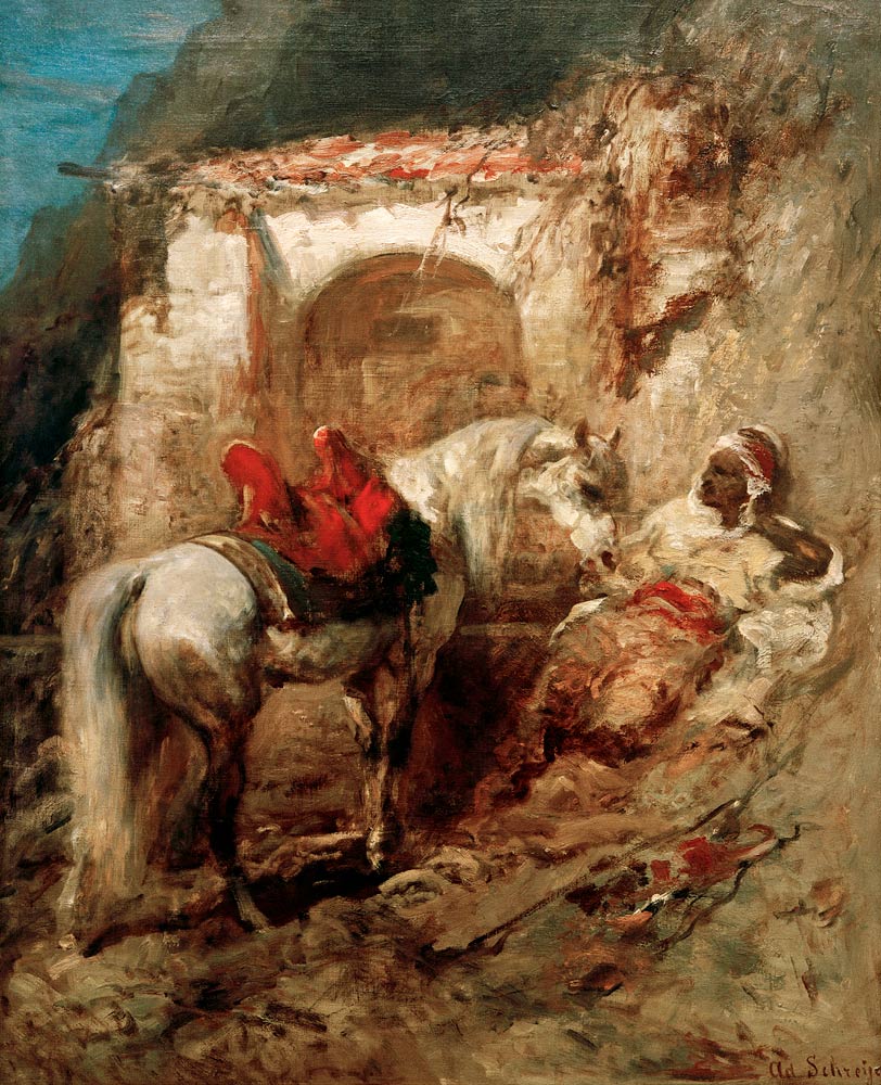 Zwei Freunde (Ein Araber mit seinem Pferd an einem Brunnen) von Adolf Schreyer