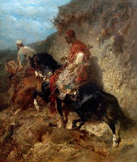 Zwei arabische Reiter an einer Felswand 1860