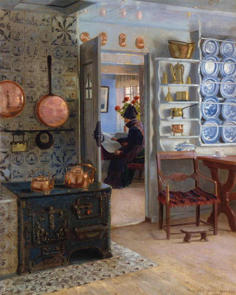 Lesende Frau, Blick durch die Küchentür von Adolf Heinrich Hansen