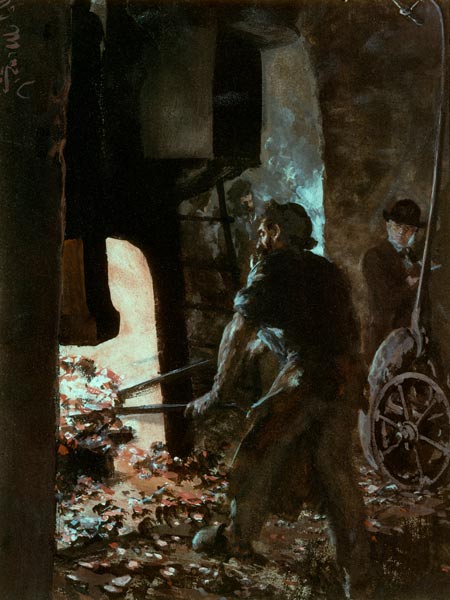 Autoportrait avec un ouvrier près d´un marteau-pilon von Adolph Friedrich Erdmann von Menzel