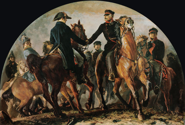 Blüchers Begegnung mit Wellington nach der Schlacht v. Belle-Alliance (Waterloo) von Adolph Friedrich Erdmann von Menzel