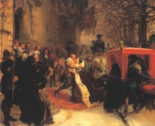 Gustave Adolphe accueilleson épouse devant le château de Hanau von Adolph Friedrich Erdmann von Menzel